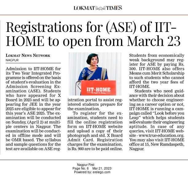 Registration for (ASE) of IIT-HOME to open from March 23